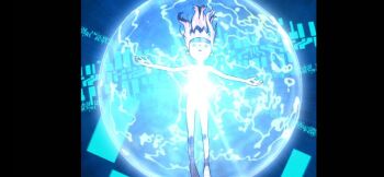 Rule 34 | 1girl, anime screenshot, barefoot, biomerge, closed eyes, completely nude, convenient censoring, digimon, digimon tamers, energy, floating hair, fusion, makino ruki, matrix evolution, nude, official art, open mouth, outstretched arms, pink hair, solo, toei company, transformation