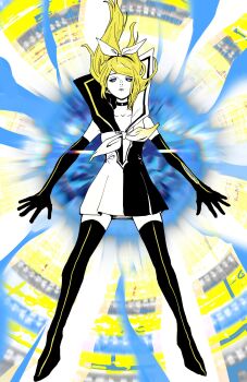 1girl black_boots black_choker black_gloves black_hairband blonde_hair blue_eyes boots choker commentary_request dress elbow_gloves full_body gloves hairband half-closed_eyes highres kagamine_rin pleated_dress roshin_yuukai_(vocaloid) sailor_dress short_dress solo soyaka thigh_boots vocaloid