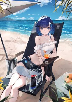 1girl absurdres bare_shoulders beach blue_hair breasts cleavage crop_top cup day drinking_straw flower food frills fruit hair_ornament highres looking_at_viewer medium_breasts midriff muchi2p navel ocean off_shoulder orange_(fruit) orange_slice outdoors sand_castle sand_sculpture shirt short_hair short_shorts shorts sitting smile solo tropical_drink tsumugi_kokage umbrella virtual_youtuber vspo! white_shirt