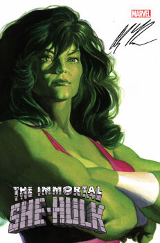 1girl alex_ross breasts cleavage colored_skin comic_cover company_name copyright_logo copyright_name cover cover_page crossed_arms english_text green_eyes green_hair green_skin jennifer_walters logo long_hair looking_at_viewer marvel merchandise_available official_art purple_tank_top realistic she-hulk signature solo tank_top toned toned_female upper_body western_comics_(style) white_background