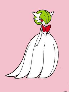 Rule 34 | 1girl, arms at sides, bob cut, closed mouth, colored skin, dress, elbow gloves, expressionless, female focus, flat color, full body, gardevoir, gen 3 pokemon, gloves, green hair, hair over one eye, long dress, looking afar, mega gardevoir, mega pokemon, nintendo, one eye covered, pink background, pokemon, pokemon (creature), red eyes, sajikin, short hair, simple background, solo, standing, white dress, white gloves, white skin