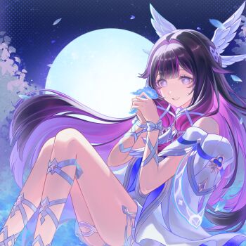 1girl absurdres baccapy0806 black_hair blue_flower blue_petals bow columbina_(genshin_impact) commentary dress english_commentary falling_petals feathered_wings feet_out_of_frame flower genshin_impact gradient_hair hair_ribbon head_wings highres holding holding_flower long_sidelocks looking_at_viewer multicolored_hair multiple_wings parted_lips petals pink_hair purple_eyes ribbon sidelocks smile solo white_bow white_dress white_ribbon white_wings wings wrist_ribbon