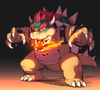 Rule 34 | 1boy, bowser, claws, commentary request, fangs, fighting stance, fire, full body, highres, horns, mario (series), nintendo, open mouth, red eyes, red hair, shell, solo, spiked shell, spiked wristband, standing, teeth, yana (nekoarashi)