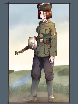 1girl absurdres ammunition_pouch arm_patch belt belt_buckle black_boots black_pants blood blood_on_cheek blue_eyes bob_cut boots breast_pocket breasts brown_hair buckle cigarette combat_helmet ears_visible_through_hair epaulettes explosive field fluffkaiser fur_hat gaiters grass green_jacket grenade hat helmet helmet_strap highres holding holding_cigarette holding_weapon insignia jacket looking_afar medium_breasts military military_fatigues military_jacket military_uniform mud nazi original pants patch pocket pouch reichsadler river russia russian_flag russian_liberation_army short_hair soldier solo stahlhelm stielhandgranate strap swastika ushanka weapon weapon_request wehrmacht world_war_ii