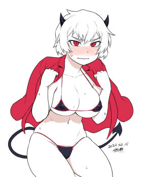 1girl bikini black_bikini blush breasts cleavage demon_girl demon_horns demon_tail female_pubic_hair helltaker horns malina_(helltaker) pubic_hair pubic_hair_peek pussy red_eyes short_hair simple_background solo sweat swimsuit tail tsukudani_(coke-buta) white_background white_hair