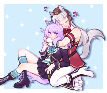 2girls absurdres animal_ears aqua_bow aqua_bowtie aqua_ribbon aqua_socks armband black_boots black_jacket black_skirt blue_shirt blue_socks blunt_bangs blush boots bow bowtie breasts brown_hat closed_eyes closed_mouth coat dress ear_bow ear_ribbon frilled_coat frilled_jacket frills gloves gold_ship_(red_strife)_(umamusume) gold_ship_(umamusume) grey_hair hat high_heel_boots high_heels highres horse_ears horse_girl horse_tail hug hug_from_behind jacket leggings long_hair long_sleeves mejiro_mcqueen_(frontline_elegance)_(umamusume) mejiro_mcqueen_(umamusume) multiple_girls musical_note neapolitanmilk open_mouth pantyhose pillbox_hat pleated_skirt purple_bow purple_eyes purple_hair red_armband red_bow red_bowtie red_dress ribbon shirt skirt sleeveless sleeveless_dress smile socks star_(symbol) striped_armband striped_clothes striped_shirt tail umamusume white_armband white_boots white_gloves white_leggings white_pantyhose white_shirt yuri