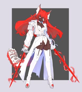 1girl animal_ear_fluff animal_ears boots breasts coat collar commentary dark_skin dual_wielding english_commentary eudetenis eyepatch full_body gloves highres holding holding_sword holding_weapon leotard long_coat long_hair looking_at_viewer medium_breasts original rapier red_hair solo strapless strapless_leotard sword tail thigh_boots very_dark_skin weapon white_boots white_coat white_collar white_gloves white_leotard yellow_eyes