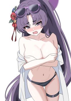 1girl absurdres bikini bikini_bottom_only black_bikini blue_archive blush breasts commentary covering_breasts covering_privates cowboy_shot eyewear_on_head fang flower gubee hair_flower hair_ornament halo highres large_breasts long_hair navel official_alternate_costume open_clothes open_mouth open_shirt purple_eyes purple_hair purple_halo shirt simple_background skin_fang solo stomach sunglasses swimsuit thigh_strap thighs very_long_hair white_background white_shirt yukari_(blue_archive) yukari_(swimsuit)_(blue_archive)