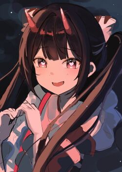 Rule 34 | 1boy, animal ears, black hair, blunt bangs, chikun, cho kaguya-hime!, crossdressing, crossdressing (mtf), hands up, hashtag-only commentary, heart, heart-shaped pupils, heart hands, komazawa noi, long hair, long sleeves, looking at viewer, male focus, multicolored hair, night, open mouth, pink eyes, sky, smile, solo, symbol-shaped pupils, tiger ears, trap, twintails, upper body