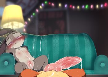 1boy 1girl aftersex animal_ears animal_penis blush brown_fur couch cum dagasi flat_chest furry furry_female furry_male furry_with_furry hetero highres interspecies judy_hopps loli nick_wilde nipples penis rabbit_ears uncensored zootopia