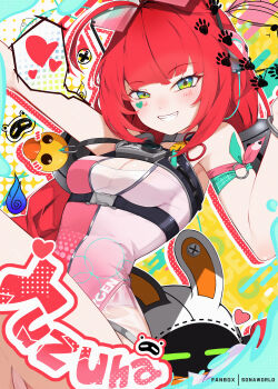 arm_strap bangboo_(zenless_zone_zero) bird blush bracelet character_name duck eous_(zenless_zone_zero) eyewear_on_head green_eyes hair_ornament highres jewelry long_hair open_mouth red_hair sonaworld sphere_hair_ornament sticker sticker_on_face swimsuit ukinami_yuzuha ukinami_yuzuha_(tanuki_in_broad_daylight) zenless_zone_zero