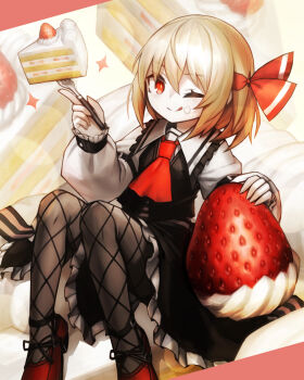 1girl ascot black_leggings blonde_hair cake cake_slice collar dress food fork frilled_collar frilled_dress frilled_sleeves frills fruit hair_ribbon highres holding holding_fork leggings long_sleeves looking_at_viewer mary_janes one_eye_closed oversized_food oversized_object red_ascot red_eyes red_ribbon ribbon rumia shirt shoes sitting skirt smile solo spark621 sparkle strawberry tongue tongue_out touhou vest white_shirt