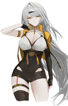 1girl absurdres baiser3rd black_gloves black_thighhighs breasts cleavage closed_mouth gloves grey_hair hair_ornament hairclip highres long_hair looking_at_viewer simple_background single_thighhigh solo standing thighhighs thighs very_long_hair white_background yellow_eyes yixuan_(zenless_zone_zero) zenless_zone_zero