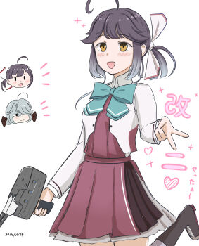 3girls absurdres adapted_turret ahoge aqua_bow aqua_bowtie black_eyes bow bowtie commentary_request dress fujinami_(kancolle) gradient_hair grey_hair grey_jacket hair_ribbon halter_dress halterneck hamanami_(kancolle) hayanami_(kancolle) hayanami_kai_ni_(kancolle) highres jacket kantai_collection mariuta multicolored_hair multiple_girls purple_skirt ribbon short_hair skirt smile solo_focus standing