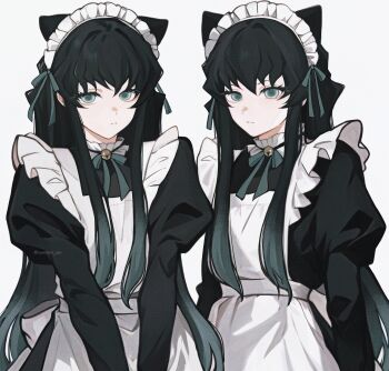 1boy apron aqua_eyes black_hair black_jacket closed_mouth crossdressing crossdressing_(mtf) demon_slayer_uniform high_collar highres jacket juliet_sleeves kimetsu_no_yaiba long_hair long_sidelocks long_sleeves looking_at_viewer maid maid_apron maid_headdress male_focus multiple_views puffy_sleeves sidelocks simple_background solo susimesi_sun tokitou_muichirou trap twitter_username upper_body white_background