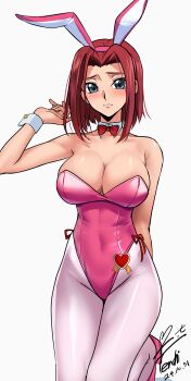 1girl absurdres animal_ears badge blue_eyes bow bowtie breasts cleavage code_geass dated detached_collar fake_animal_ears heart highleg highleg_leotard highres kouzuki_kallen large_breasts leotard looking_at_viewer pantyhose pink_leotard pink_shoes playboy_bunny purple_leotard rabbit_ears rabbit_tail red_bow red_bowtie red_hair shoes short_hair signature simple_background solo strapless strapless_leotard tail white_background wrist_cuffs yoo_tenchi