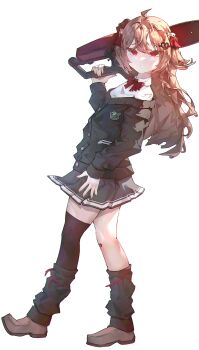 1girl absurdres ahoge bandaid bandaid_on_knee bandaid_on_leg black_cardigan black_skirt black_thighhighs bow bowtie broken_heart broken_heart_hair_ornament brown_hair brown_shoes cardigan chainsaw collared_shirt commentary dress_shirt english_commentary evil_neuro-sama evil_neuro-sama_(1st_costume) from_side full_body hair_between_eyes hair_ornament hair_ribbon heart heart_hair_ornament highres holding holding_chainsaw leg_warmers loafers long_hair looking_at_viewer neuro-sama off-shoulder_cardigan parody parted_lips pleated_skirt red_bow red_bowtie red_eyes red_ribbon ribbon shirt shoes single_thighhigh skirt skull_hair_ornament solo thighhighs tkom two_side_up untranslatable_commentary vedal_ai virtual_youtuber white_background white_shirt