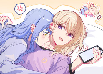 2girls animal_ears bang_dream! bang_dream!_it&#039;s_mygo!!!!! biting blonde_hair blue_hair blue_shirt cat_ears cat_girl cellphone commentary dog_ears dog_girl heart highres holding holding_phone kemonomimi_mode licking licking_another&#039;s_neck long_hair misumi_uika multiple_girls neck_biting open_mouth pajamas phone purple_eyes purple_shirt shirt sidelocks smartphone spoken_heart togawa_sakiko usamin_(megumikira) yellow_eyes yuri