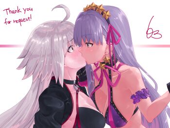 2girls ahoge arm_scrunchie bb_(fate) bb_(swimsuit_mooncancer)_(second_ascension)_(fate) bead_bracelet beads bikini black_bikini black_gloves blush bow bracelet breast_press breasts cleavage commission commissioner_upload earrings embarrassed english_text fate/grand_order fate_(series) gloves hair_bow hair_ornament hairband highres jeanne_d'arc_alter_(fate) jeanne_d'arc_alter_(swimsuit_berserker)_(fate) jewelry kiss large_breasts long_hair multiple_girls niwaikanai o-ring o-ring_bikini o-ring_top purple_bikini purple_eyes purple_hair ribbon self-upload shrug_(clothing) signature skeb_commission star_(symbol) star_earrings star_hair_ornament sweat swimsuit tan thank_you white_hair yellow_eyes yuri