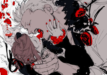 Rule 34 | 1boy, 1girl, ahoge, beard stubble, closed eyes, commentary request, couple, face-to-face, facial hair, food, fruit, fur-trimmed jacket, fur trim, hair bun, half-closed eyes, hand on another's face, hetero, holding another's wrist, jacket, jewelry, kabane (rjev8385), long sleeves, looking at another, mouth hold, nail polish, oc x canon, one piece, open mouth, profile, qol (kabane (rjev8385)), red eyes, red nails, ring, short hair, sketch, smoker (one piece), strawberry, stubble, teeth, tongue, upper body, very short hair, wedding ring, white hair, white jacket