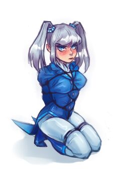 Rule 34 | 1girl, arms behind back, artist request, bdsm, blue coat, blue eyes, blue hair, blush, bondage, bound, bound arms, bound legs, buttons, check artist, coat, crotch rope, cube hair ornament, double-breasted, flick-the-thief, frilled shirt collar, frills, full body, hair ornament, highres, kneeling, long hair, looking at viewer, personification, restrained, rkn-chan, rope, roskomnadzor, shibari, simple background, solo, twintails