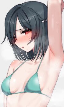 1girl arm_up armpits bikini black_hair blush collarbone commentary_request green_bikini grey_background highres looking_at_viewer love_live! love_live!_nijigasaki_high_school_idol_club mifune_shioriko nasuno_(nasuno42) red_eyes short_hair simple_background solo steaming_body sweat swimsuit upper_body