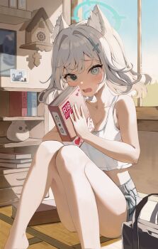 1girl @_@ animal_ear_fluff animal_ears bag bare_arms bare_legs bare_shoulders blue_archive blue_halo blush book breasts cleavage clock collarbone crop_top cross_hair_ornament cuckoo_clock denim denim_shorts feet_out_of_frame flustered gradient_sky grey_eyes grey_hair hair_intakes hair_ornament halo heart highres holding holding_book indoors knees_up looking_at_viewer medium_hair midriff open_mouth pornography shiroko_(blue_archive) short_shorts shorts sidelighting sitting siya_je sky solo sweat wavy_mouth window wolf_ears wolf_girl