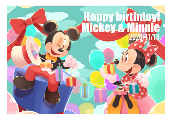 1boy 1girl animal_ears bow dress gamorangetana gloves hair_bow happy_birthday highres looking_at_viewer mickey_mouse mickey_mouse_&amp;_friends minnie_mouse mouse_boy mouse_ears mouse_girl open_mouth polka_dot polka_dot_bow polka_dot_dress shirt smile white_gloves