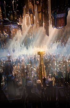 3d absurdres building city cityscape commentary cybertron english_commentary grand_scale highres light_rays localized_gravity no_humans official_art skyscraper tower transformers transformers_one upside-down