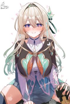 1boy 1girl absurdres black_hairband black_jacket blush breasts caelus_(honkai:_star_rail) firefly_(honkai:_star_rail) green_skirt grey_hair hairband heart heart-shaped_pupils highres holding_hands honkai:_star_rail honkai_(series) implied_sex interlocked_fingers jacket large_breasts long_hair purple_eyes ranran_3939 shirt simple_background skirt spread_legs straddling symbol-shaped_pupils trailblazer_(honkai:_star_rail) white_background white_shirt