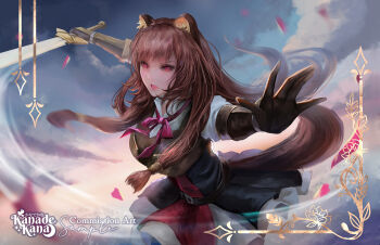 Rule 34 | 1girl, animal ears, armor, arms up, artist name, belt, black dress, blunt bangs, breastplate, breasts, brown armor, brown belt, brown gloves, brown hair, collared dress, commentary, commission, cowboy shot, dress, elbow gloves, english commentary, eyelashes, floating hair, gloves, high collar, holding, holding sword, holding weapon, incoming attack, kanade kana, leather armor, long hair, long sleeves, looking at viewer, medium breasts, metal hair tubes, metal wrist cuffs, neck ribbon, open mouth, pink eyes, raccoon ears, raccoon girl, raccoon tail, raphtalia, red dress, red ribbon, ribbon, second-party source, short dress, sleeveless, sleeveless dress, solo, straight hair, sword, tail, tate no yuusha no nariagari, two-tone dress, watermark, weapon, white dress