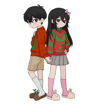 1boy 1girl aged_down animal_slippers antenna_hair aubrey_(faraway)_(omori) aubrey_(omori) back-to-back black_eyes black_hair bow breasts bright_pupils brown_shorts brown_slippers child christmas_sweater closed_mouth commentary_request double-parted_bangs forest_bunny_(omori) full_body green_sweater grey_skirt hair_behind_ear hair_between_eyes hair_bow hand_on_own_chest hand_on_own_hip hand_up holding_hands kneehighs long_hair long_sleeves looking_at_viewer looking_back miniskirt official_alternate_costume omori pink_bow pink_socks pleated_skirt pocket puffy_long_sleeves puffy_sleeves red_sweater sebon_(sebochin) short_hair shorts sidelocks simple_background skirt slippers small_breasts socks sprout_mole standing star_(symbol) sunny_(omori) sweater tsurime turtleneck turtleneck_sweater two-tone_sweater very_short_hair white_background white_pupils white_slippers white_socks