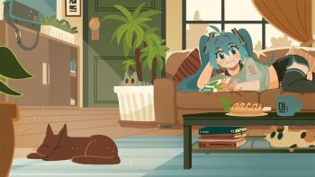 1girl alternate_costume bag_of_chips black_shorts black_thighhighs blue_eyes blue_hair book book_stack cat chewing closed_mouth commentary couch cropped_shirt cup day door eating english_commentary grey_shirt hair_ornament hatsune_miku head_rest hot_dog indoors long_hair looking_at_viewer lying mug no_lineart on_couch on_side plant potted_plant projecttiger puffy_short_sleeves puffy_sleeves shirt short_sleeves shorts solo spring_onion table thighhighs twintails vocaloid wide_shot window wooden_floor