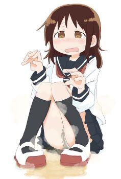 1girl black_socks blue_sailor_collar blue_skirt blush brown_eyes brown_hair female_focus flat_chest full_body half-closed_eyes hands_up kneehighs knees_together_feet_apart knees_up long_sleeves looking_afar matching_hair/eyes medium_hair miniskirt neckerchief nose_blush open_mouth original panties pee peeing peeing_self pigeon-toed pleated_skirt ponnu_(tnpn2yw) puddle raised_eyebrows red_neckerchief red_shoes sailor_collar school_uniform serafuku shirt shoes sidelocks simple_background sitting skirt socks solo steam underwear wavy_mouth wet wet_clothes wet_panties white_background white_panties white_shirt