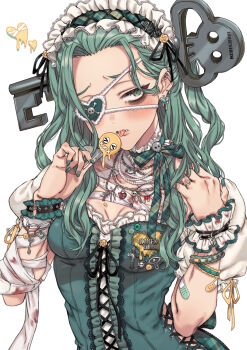 1girl a.b.a bandaged_arm bandages bandaid bandaid_on_arm blood bloody_bandages breasts center_frills commentary_request dress fang fang_out frills green_dress green_eyes green_hair green_nails guilty_gear guilty_gear_strive hands_up heart highres kayanogura key long_hair looking_at_viewer nail_polish object_through_head puffy_short_sleeves puffy_sleeves short_sleeves simple_background small_breasts solo tongue tongue_out two_side_up upper_body white_background wrist_cuffs