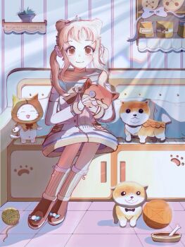 1girl ^_^ ahoge animal ankle_socks bedroom black_bow black_bowtie blonde_hair blue_bow blue_sailor_collar bone boots bow bowl bowtie brown_boots brown_bow brown_bowtie brown_eyes buttons cat chinese_commentary cloak closed_eyes closed_mouth clothed_animal coat collared_coat commentary_request cone_hair_bun dated dog dog_hair_ornament dot_nose double_bun eyelashes fingerless_gloves floof_(infinity_nikki) fluffy_(infinity_nikki) footwear_bow full_body fur-trimmed_boots fur-trimmed_coat fur-trimmed_sleeves fur-trimmed_socks fur_trim gloves guardian_floof_(infinity_nikki) hair_bow hair_bun hair_ornament hair_over_shoulder hair_scrunchie hairclip happy highres holding holding_stuffed_toy hood hood_up hooded_cloak indoors infinity_nikki light_blush light_rays long_hair long_sleeves momo_(nikki) navel nikki_(series) on_bed open_mouth paw_print pet_bowl pet_food pillow plant pocket pom_pom_(clothes) potted_plant red_bow red_bowtie ribbon_legwear sailor_collar scarf scrunchie shadow shelf shiba_inu signature sitting smile socks sponge-lucy striped_clothes striped_socks stuffed_animal stuffed_dog stuffed_toy tareme traditional_bowtie twintails vertical-striped_clothes vertical-striped_socks whiskers white_cat white_coat white_gloves white_scarf white_scrunchie winter_clothes yarn yarn_ball yellow_cloak yellow_socks