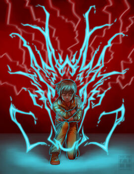 1girl absurdres blonde_hair closed_eyes closed_mouth commentary_request crossed_arms electricity electrokinesis full_body highres hood hood_down hoodie huang_pao-lin long_sleeves on_one_knee pants red_background shoelaces shoes short_hair solo soragsilverwind tiger_&amp;_bunny very_short_hair