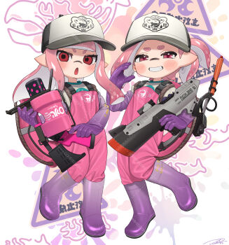 .52_gal_(splatoon) 2girls baseball_cap boots commentary commission elbow_gloves full_body gloves grin hat highres holding holding_weapon inkling inkling_girl inkling_player_character jumpsuit lifebuoy long_hair looking_at_viewer multiple_girls nintendo open_mouth parted_bangs pink_eyes pink_hair pink_jumpsuit pointy_ears puchiman purple_boots purple_gloves red_eyes rubber_boots rubber_gloves s-blast_(splatoon) salmon_run_(splatoon) shirt short_hair smile splatoon_(series) splatoon_3 standing swim_ring symbol-only_commentary tentacle_hair weapon white_shirt