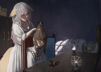 3girls :3 =_= absurdres animal_ears annytf bed bib_collar blanket broken_heart broken_heart_hair_ornament brown_hair brushing_another&#039;s_hair brushing_hair cerber_(vtuber) chair closed_mouth closet collar commentary dress english_commentary evil_neuro-sama fox_ears fox_girl fox_tail frilled_collar frilled_dress frilled_sleeves frills hair_between_eyes hair_brush hair_ornament hand_in_another&#039;s_hair hand_on_another&#039;s_head heart heart_necklace heart_print highres holding holding_hair_brush indie_virtual_youtuber jewelry lava_lamp long_hair messy_hair mother_and_daughter motherly multicolored_hair multiple_girls neck_ribbon necklace neuro-sama one_eye_closed pink_eyes pink_streaks plasma_globe puffy_short_sleeves puffy_sleeves red_eyes red_ribbon ribbon short_sleeves sitting skull_hair_ornament sleeping sleepwear standing star_(symbol) star_print streaked_hair stuffed_animal stuffed_dog stuffed_toy stuffed_turtle table tail turtle under_covers vedal987 virtual_youtuber wairon white_dress white_hair white_ribbon