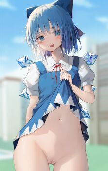 1girl absurdres blue_bow blue_dress blue_eyes blue_hair blue_one-piece_swimsuit blue_sky blurry blurry_background blush bottomless bow censored cirno clothes_lift depth_of_field dress dress_lift female_focus hair_bow highres ice ice_wings lifting_own_clothes loli looking_at_viewer mamemochi mosaic_censoring no_panties one-piece_swimsuit open_mouth outdoors pinafore_dress pussy red_ribbon ribbon self_exposure shirt short_hair short_sleeves skirt skirt_lift sky sleeveless_dress solo standing swimsuit touhou white_shirt wings
