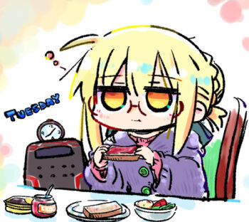 1girl :t artoria_pendragon_(fate) blonde_hair blush braid bread bread_slice brown-framed_eyewear chair chibi clock closed_mouth commentary_request eating fate/grand_order fate_(series) food glasses hair_between_eyes hair_bun holding holding_food hood hood_down hooded_jacket jacket kasuga_yuuki lowres mysterious_heroine_x_alter_(fate) on_chair orange_eyes pink_sweater plate purple_jacket robot solo sweater table