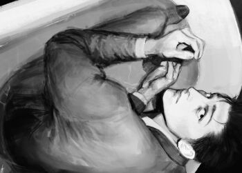 Rule 34 | 1boy, bathtub, formal clothes, from above, greyscale, highres, higuruma hiromi, in bathtub, jacket, jujutsu kaisen, k05062688, layered sleeves, long sleeves, looking up, male focus, monochrome, parted lips, partially submerged, shirt, short hair, solo, suit, suit jacket