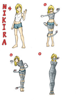 1girl absurdres arms_behind_back barefoot bdsm bondage bound crop_top female_focus gag gagged highres improvised_gag midriff navel nikira_(rocatart) original rocatart shorts solo standing tape tape_gag taped_arms tutorial