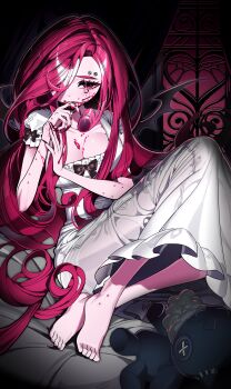1girl absurdres barefoot bat_wings bite_mark bite_mark_on_foot blood blood_from_mouth blood_on_breasts breasts cleavage commentary dark dress fingernails frilled_dress frills hair_over_one_eye highres indoors long_dress long_fingernails long_hair medium_breasts on_bed original pink_eyes pink_hair red_nails red_sky scocasr sharp_fingernails short_sleeves sky solo stuffed_animal stuffed_toy symbol-only_commentary vampire_bite white_dress window wings