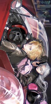 2boys absurdres balloon black_gloves black_jacket blonde_hair car chinese_commentary cigarette cloud_strife commentary_request convertible final_fantasy final_fantasy_vii gloves grey_hair hair_intakes heart_balloon highres holding holding_cigarette jacket looking_at_viewer looking_back male_focus motor_vehicle multiple_boys sephiroth sideways spiked_hair steering_wheel sunglasses toki_(enenenenenen)