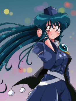 Rule 34 | 1990s (style), 1girl, absurdres, aqua hair, arm up, armor, blue dress, blue hat, blush, breasts, bright pupils, closed mouth, coat, commentary request, commission, cowboy shot, dress, eyes visible through hair, faux retro artstyle, film grain, gradient background, green background, hair between eyes, hand in own hair, hat, highres, iizunamaru megumu, large breasts, long hair, long sleeves, looking at viewer, miwijag1997, pauldrons, pixiv commission, pom pom (clothes), purple background, red eyes, retro artstyle, shoulder armor, shoulder guard, single pauldron, sleeveless, sleeveless coat, smile, solo, standing, surcoat, tengu, tokin hat, touhou, very long hair