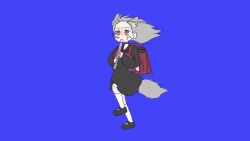 1girl animal_ears animated audible_music backpack bag bandaid bandaid_on_cheek bandaid_on_face black_dress black_shoes blue_background borrowed_character collar dress extra_ears flute full_body holding holding_flute holding_instrument instrument kimbrrrrrrrrt kneehighs kyoufuu_all_back_(vocaloid) mary_janes medium_dress music neckerchief original pink_eyes playing_instrument randoseru recorder red_bag red_collar red_neckerchief rir-chan shoes simple_background socks solo sound tail video walking white_socks wind wolf_ears wolf_girl wolf_tail