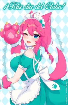 1girl :d ahoge alternate_costume animal_ear_fluff animal_ears animal_hands anime_onegai apron aqua_background aqua_dress aqua_eyes argyle_background back_bow blue_eyes blush bow braid cat_ears cat_girl clothing_cutout commentary copyright_notice dress enmaided fangs frilled_apron frills from_side gloves hair_between_eyes hand_up highres looking_at_viewer looking_to_the_side low_twin_braids maid maid_apron maid_headdress mascot medium_hair nina_amaki nyami_g one_eye_closed open_mouth paw_gloves pink_gloves pink_hair pink_tail shoulder_cutout smile solo spanish_commentary spanish_text translated twin_braids waist_apron