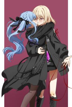 2girls arms_around_neck bang_dream! bang_dream!_it&#039;s_mygo!!!!! black_boots black_coat black_jacket black_pantyhose black_ribbon black_shirt blonde_hair blue_hair blush boots closed_mouth coat commentary eye_contact hair_ribbon highres jacket looking_at_another medium_hair misumi_uika multiple_girls pantyhose parted_lips purple_eyes ribbon shirt smile string string_of_fate togawa_sakiko two_side_up yellow_eyes yuri yuyu_(oiun461)