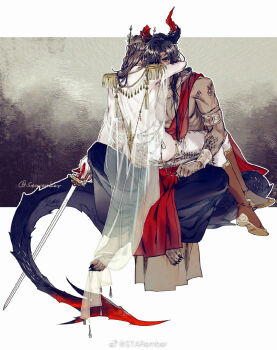 2boys alternate_costume alternate_skin_color alternate_universe armlet ass barefoot black_hair black_nails black_pants black_scales boots bracelet brown_boots brown_hair cape clothes_pull couple crown dark-skinned_male dark_skin dragon_boy dragon_horns dragon_tail epaulettes eyepatch facing_away fingernails full_body grabbing_another's_ass groping hand_on_another's_ass highres holding holding_sword holding_weapon horns hua_cheng hug jewelry kemonomimi_mode long_hair male_focus multiple_boys nail_polish necklace one_eye_covered pants pants_pull pectorals pointy_ears red_eyes red_shawl scales see-through_cape see-through_clothes sharp_fingernails sharp_toenails shawl silver_armlet silver_bracelet sitting sitting_on_lap sitting_on_person starember sword tail tassel third-party_source tianguan_cifu toenail_polish toenails topless_male twitter_username veil watermark weapon white_cape white_pants xie_lian yaoi